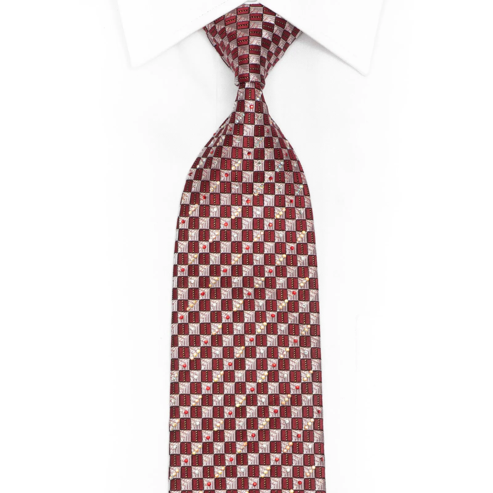 Silver Burgundy Checkered Rhinestone Silk Necktie With Silver Sparkles