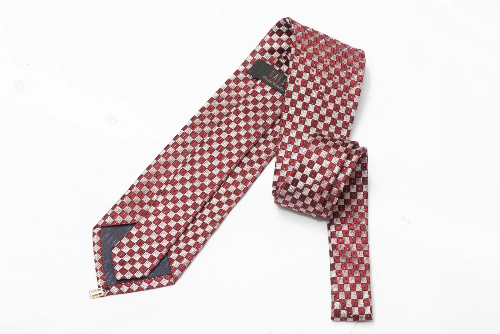 Silver Burgundy Checkered Rhinestone Silk Necktie With Silver Sparkles
