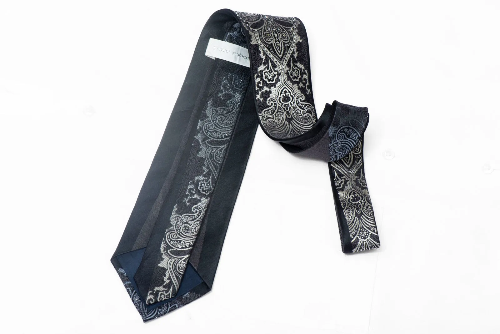 Silver Damask On Black Rhinestone Silk Necktie With Sparkles