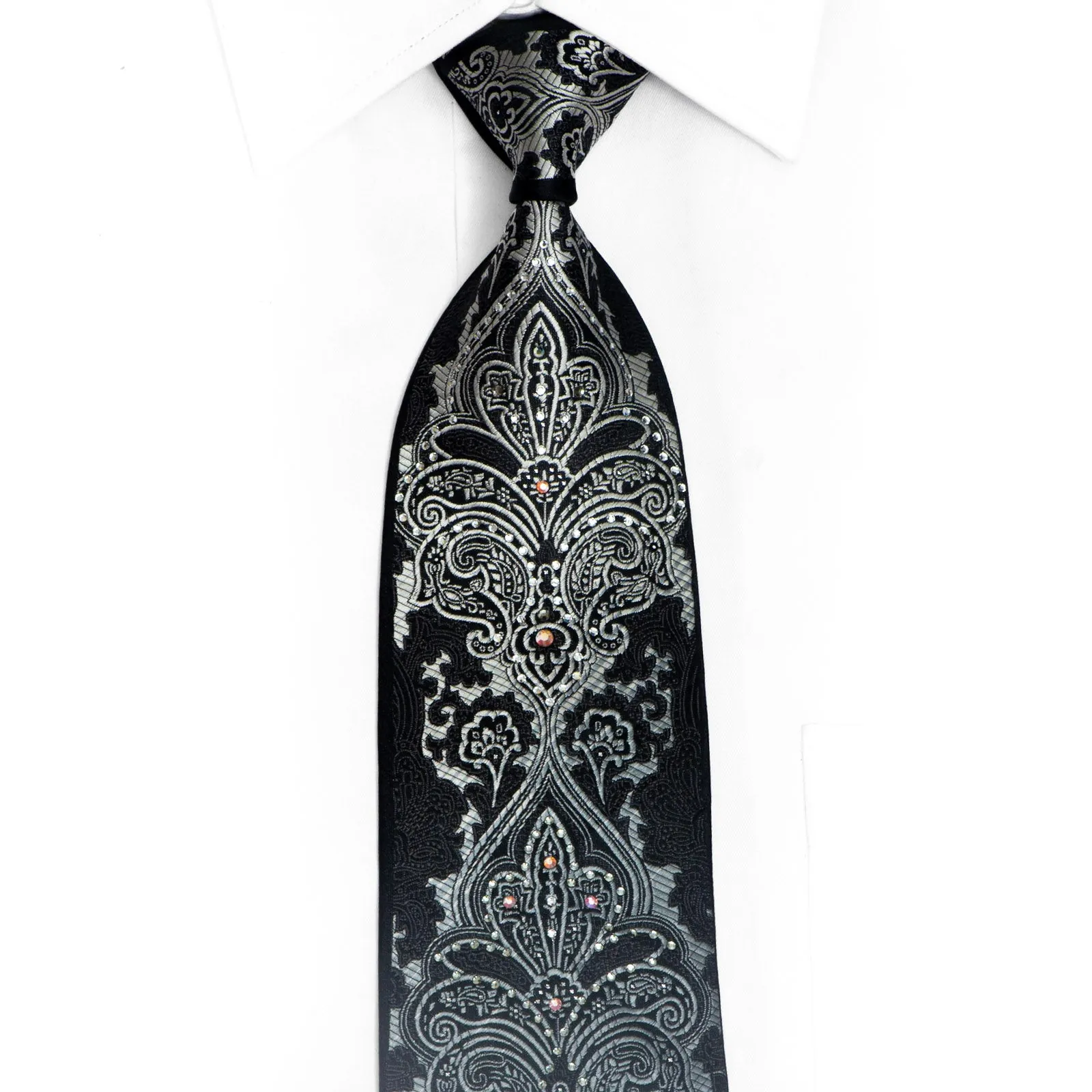 Silver Damask On Black Rhinestone Silk Necktie With Sparkles