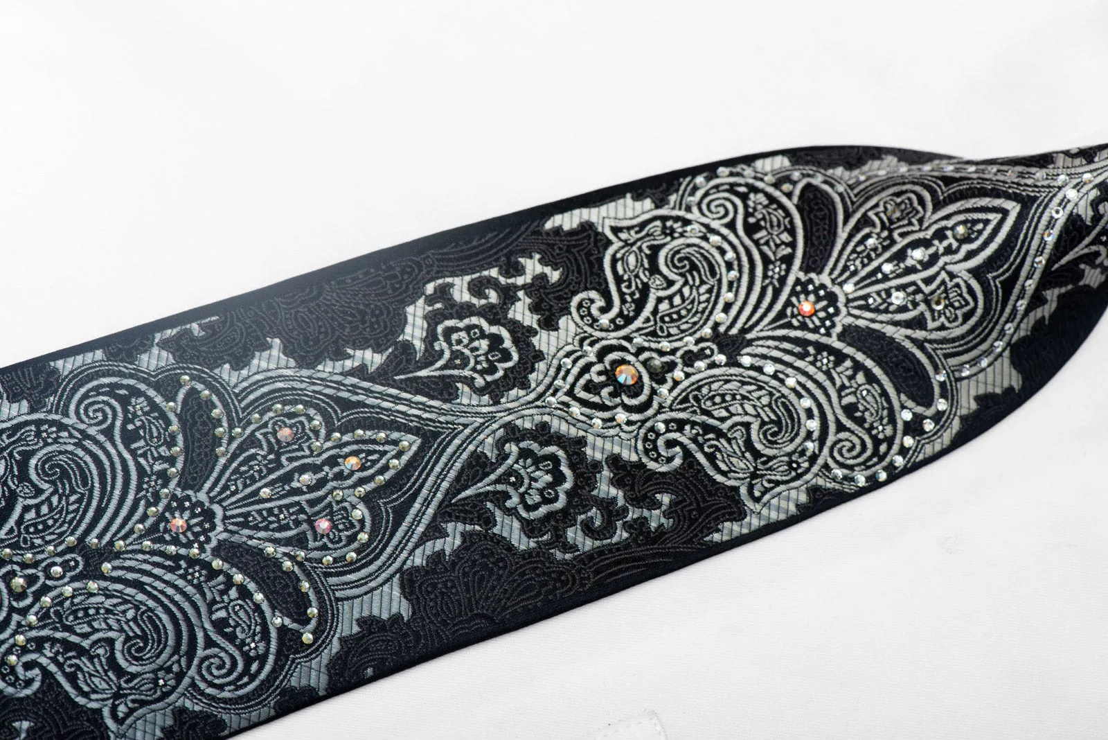 Silver Damask On Black Rhinestone Silk Necktie With Sparkles