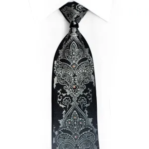 Silver Damask On Black Rhinestone Silk Necktie With Sparkles