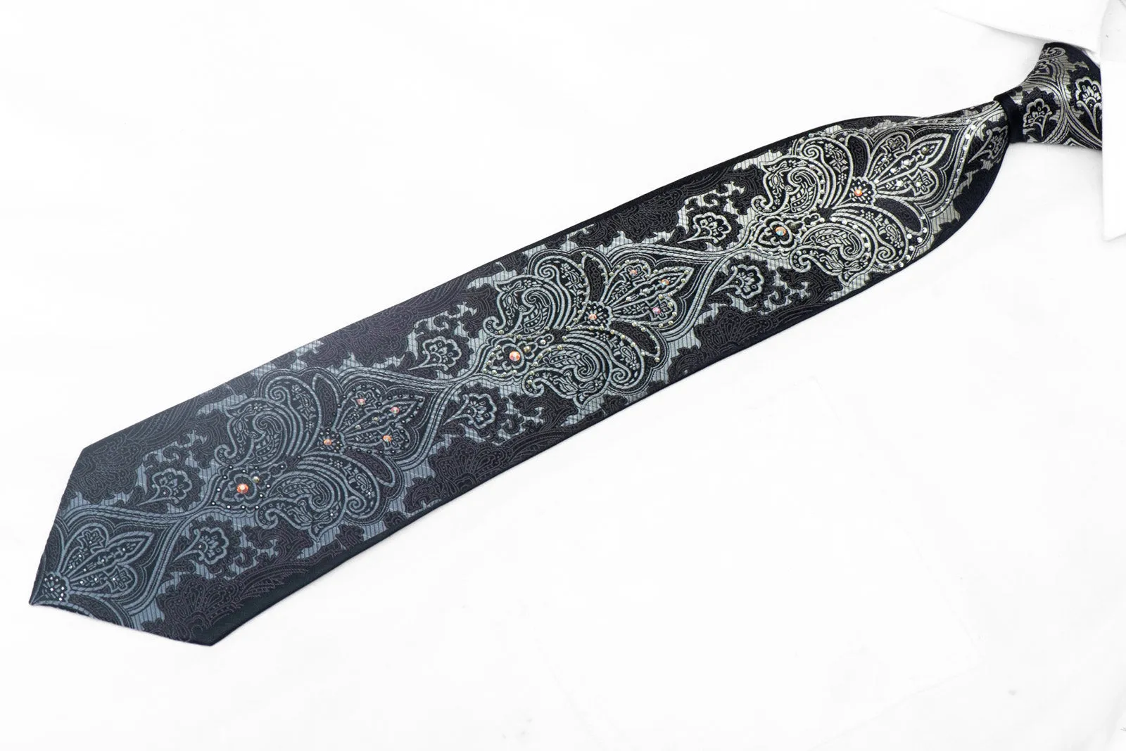 Silver Damask On Black Rhinestone Silk Necktie With Sparkles