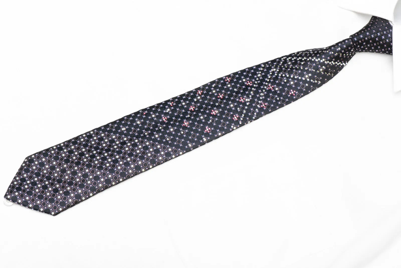 Silver Pink Blue Geometric On Navy Rhinestone Tie With Silver Sparkles