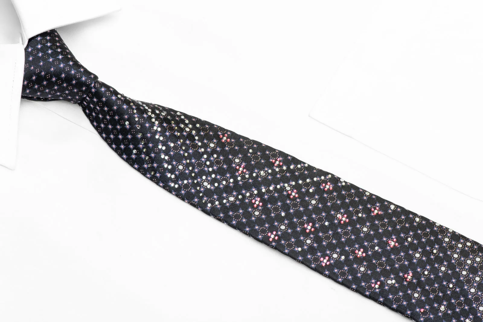 Silver Pink Blue Geometric On Navy Rhinestone Tie With Silver Sparkles