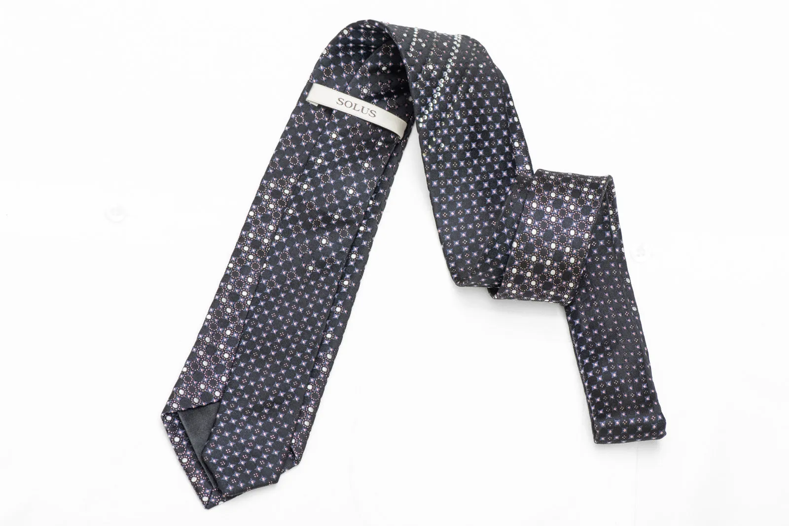 Silver Pink Blue Geometric On Navy Rhinestone Tie With Silver Sparkles