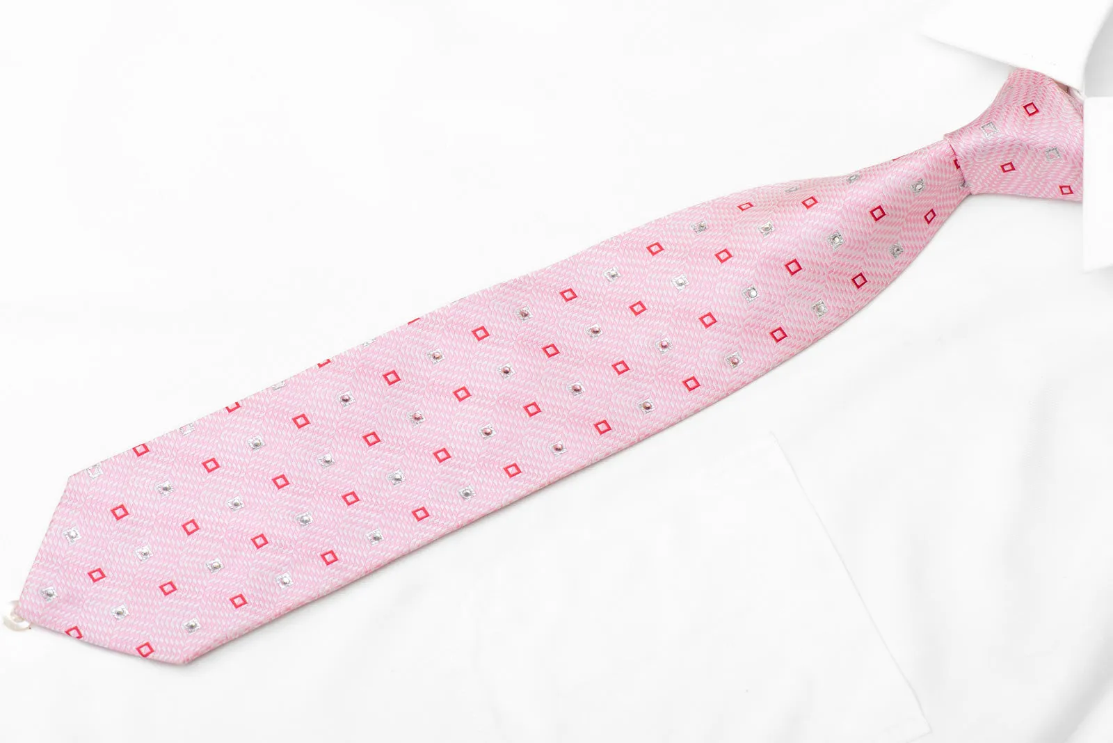 Silver Pink Red Geometric Rhinestone Necktie With Silver Sparkles
