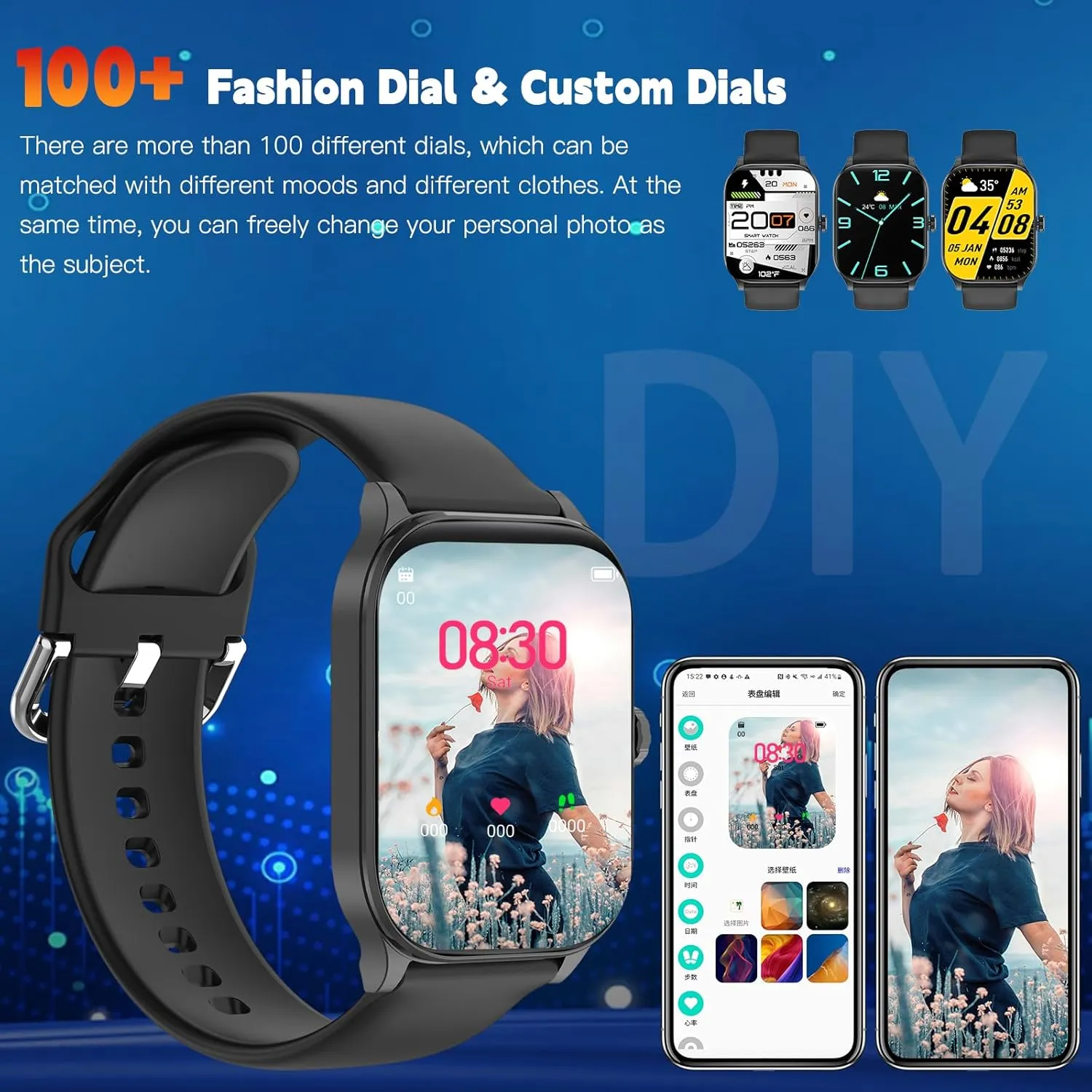 Smart Watch for Women Men(Answer/Make Call), Smartwatches with Heart Rate/SpO2/Sleep/Stress Monitor, IP68 Waterproof Activity Tracker for Android iPhone, 100  Sports Fitness Watches (Black, 1.85)