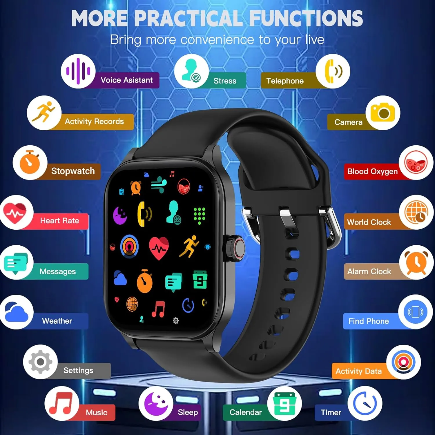 Smart Watch for Women Men(Answer/Make Call), Smartwatches with Heart Rate/SpO2/Sleep/Stress Monitor, IP68 Waterproof Activity Tracker for Android iPhone, 100  Sports Fitness Watches (Black, 1.85)