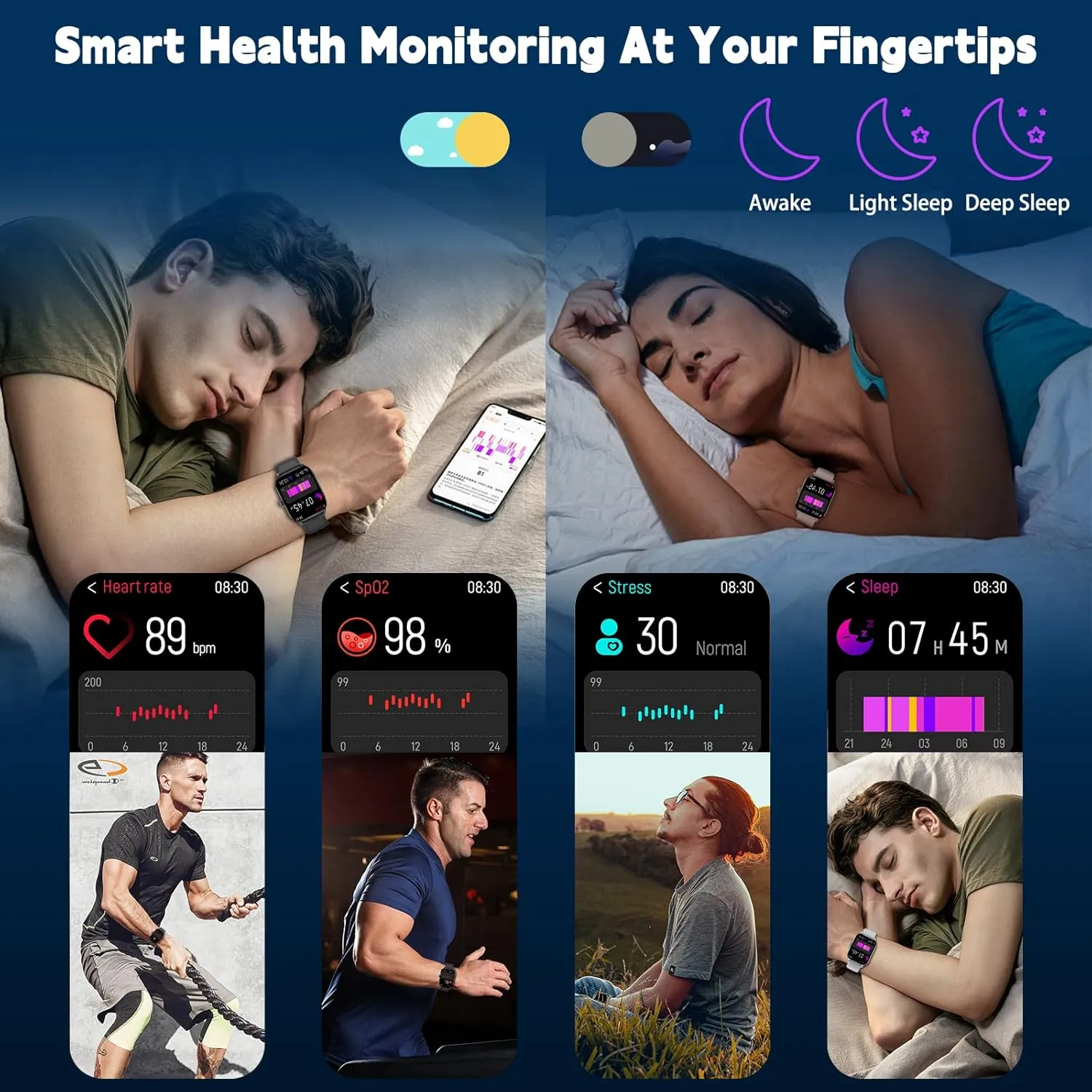 Smart Watch for Women Men(Answer/Make Call), Smartwatches with Heart Rate/SpO2/Sleep/Stress Monitor, IP68 Waterproof Activity Tracker for Android iPhone, 100  Sports Fitness Watches (Black, 1.85)
