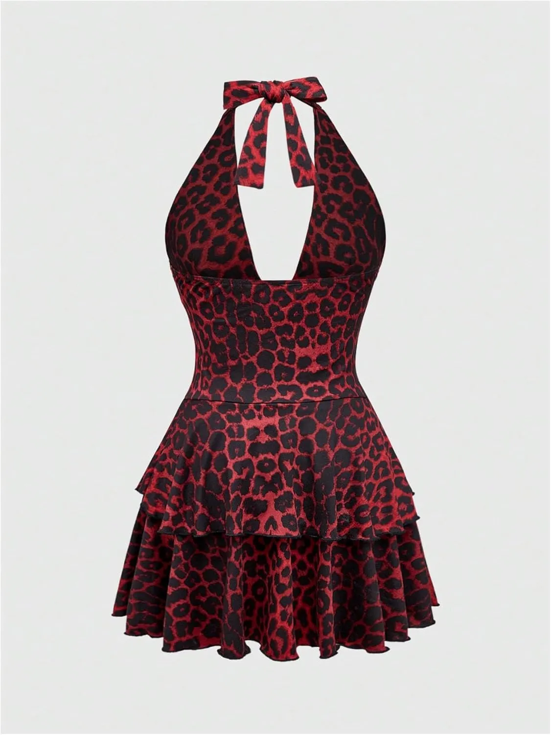 SOLY HUX Women's Leopard Print Halter Dress Y2k Gothic Deep V Neck Layered Ruffle Mini Dresses