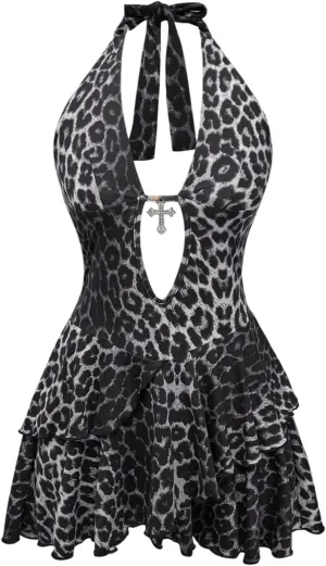 SOLY HUX Women's Leopard Print Halter Dress Y2k Gothic Deep V Neck Layered Ruffle Mini Dresses