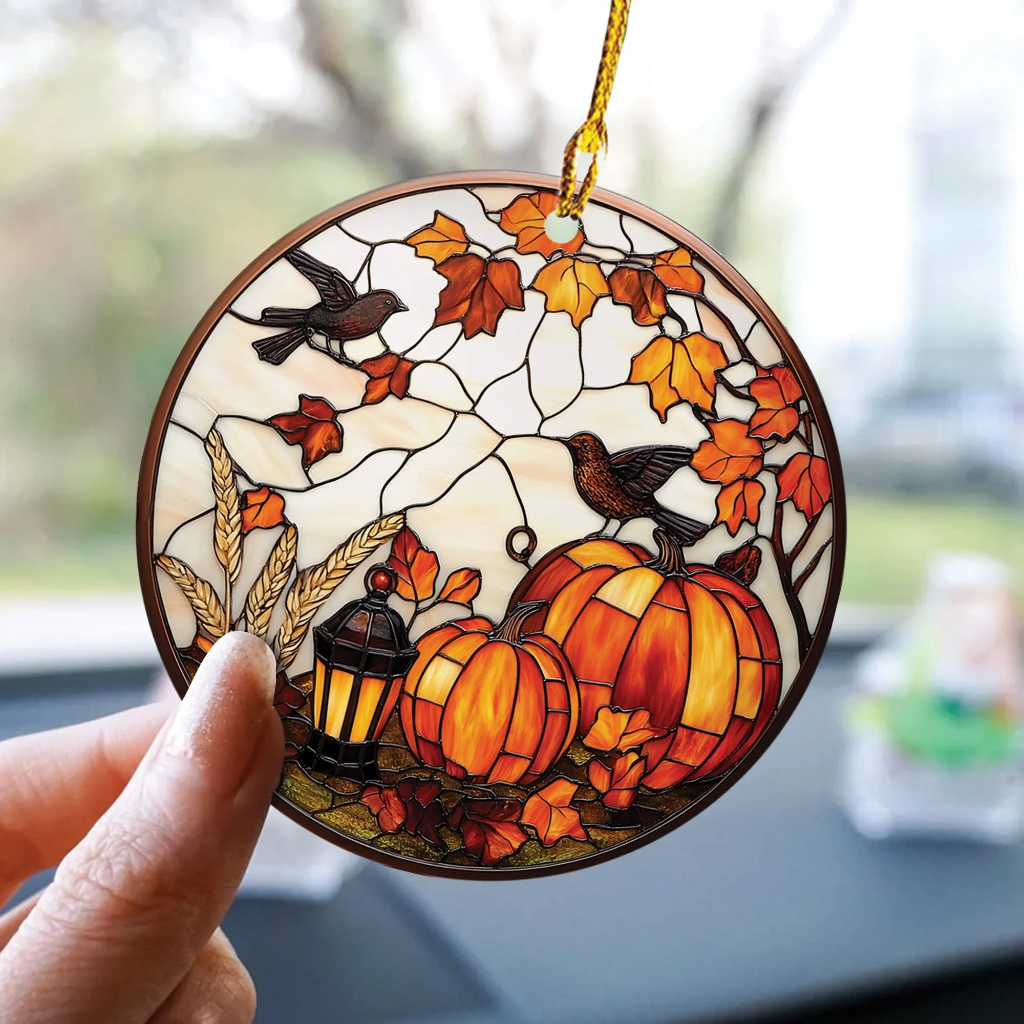 Teesdily | Bird And Pumpkins Halloween Ceramic Ornament, Happy Halloween Acrylic Ornament Window Hanging Ornament, Halloween Gifts, Home Decoration