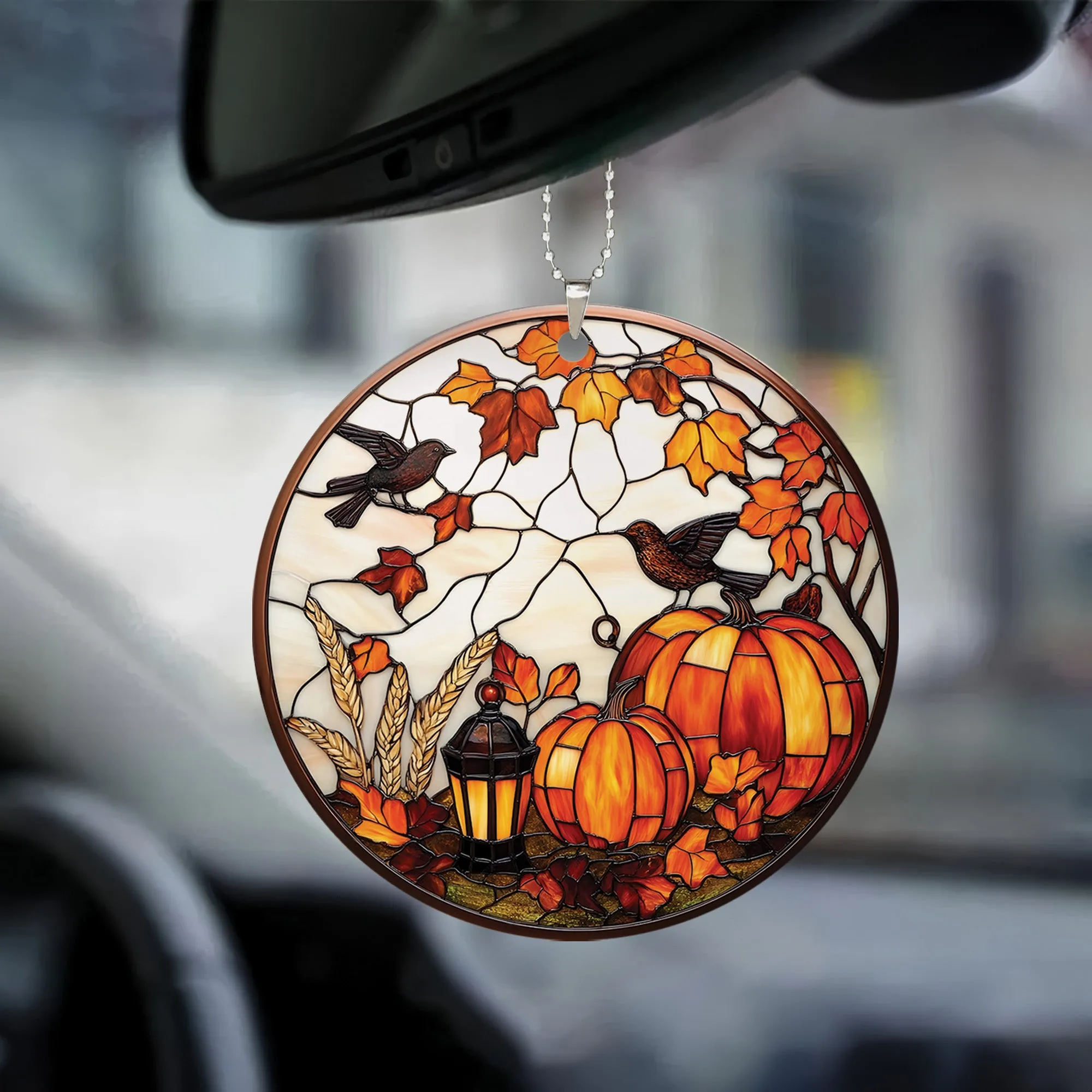 Teesdily | Bird And Pumpkins Halloween Ceramic Ornament, Happy Halloween Acrylic Ornament Window Hanging Ornament, Halloween Gifts, Home Decoration