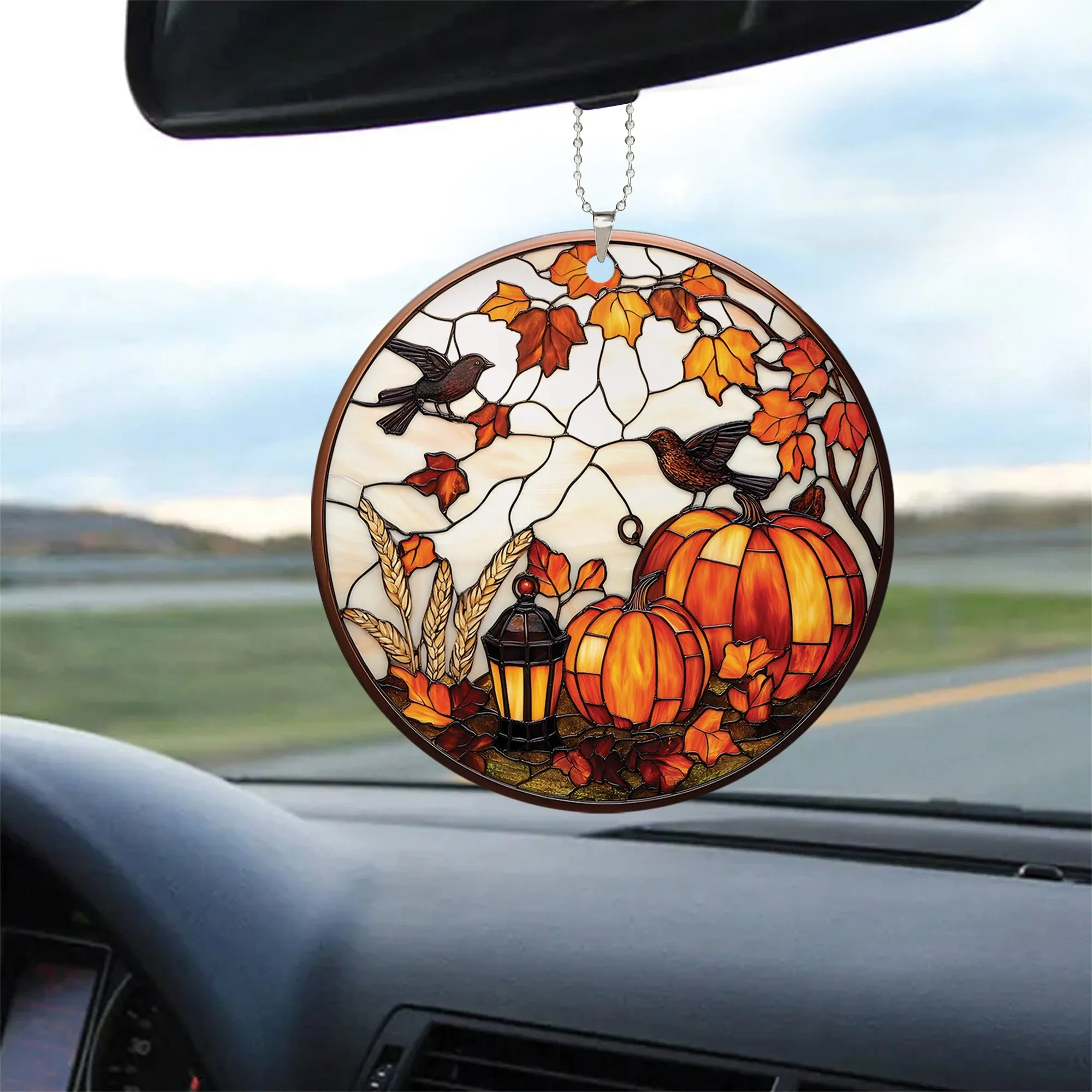 Teesdily | Bird And Pumpkins Halloween Ceramic Ornament, Happy Halloween Acrylic Ornament Window Hanging Ornament, Halloween Gifts, Home Decoration