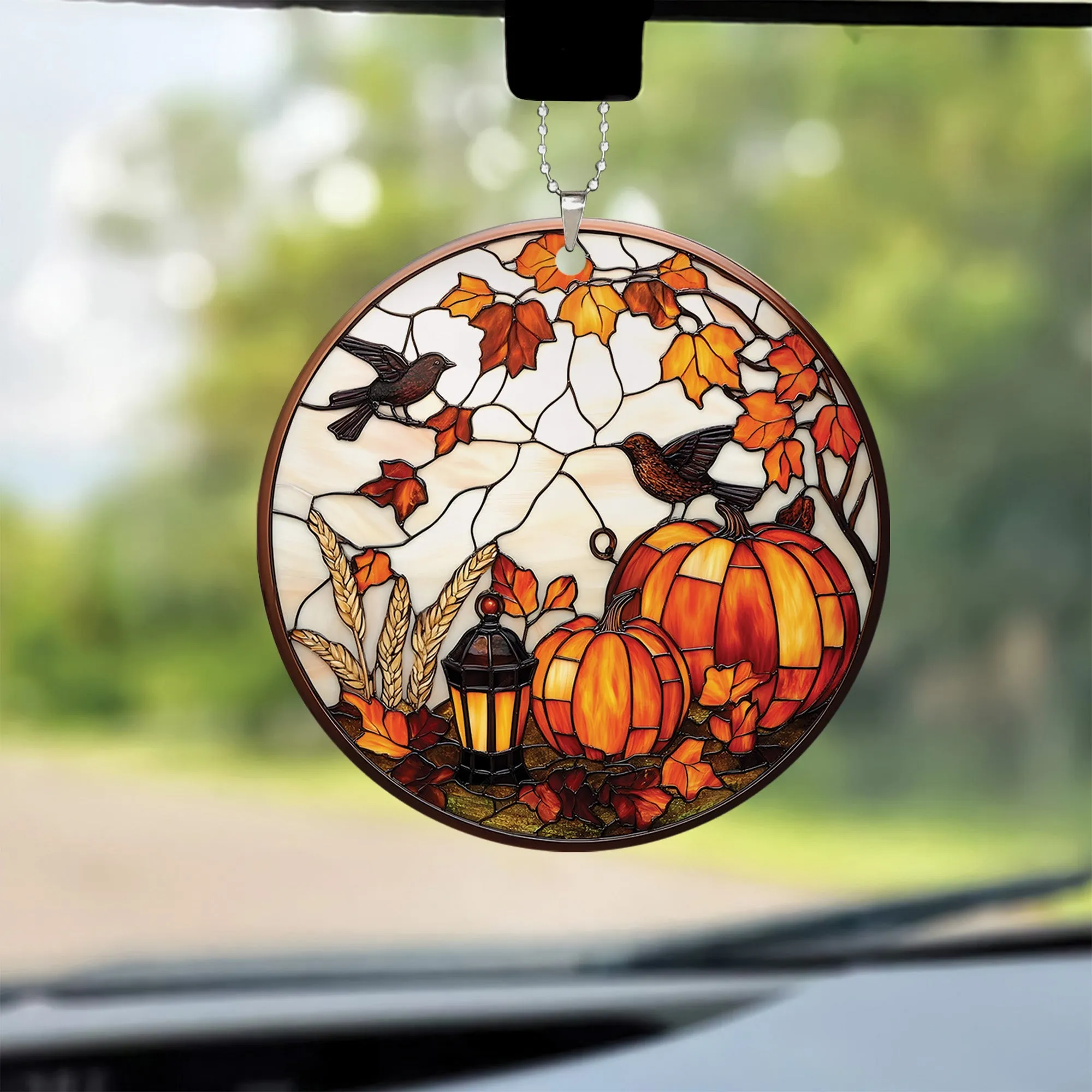 Teesdily | Bird And Pumpkins Halloween Ceramic Ornament, Happy Halloween Acrylic Ornament Window Hanging Ornament, Halloween Gifts, Home Decoration