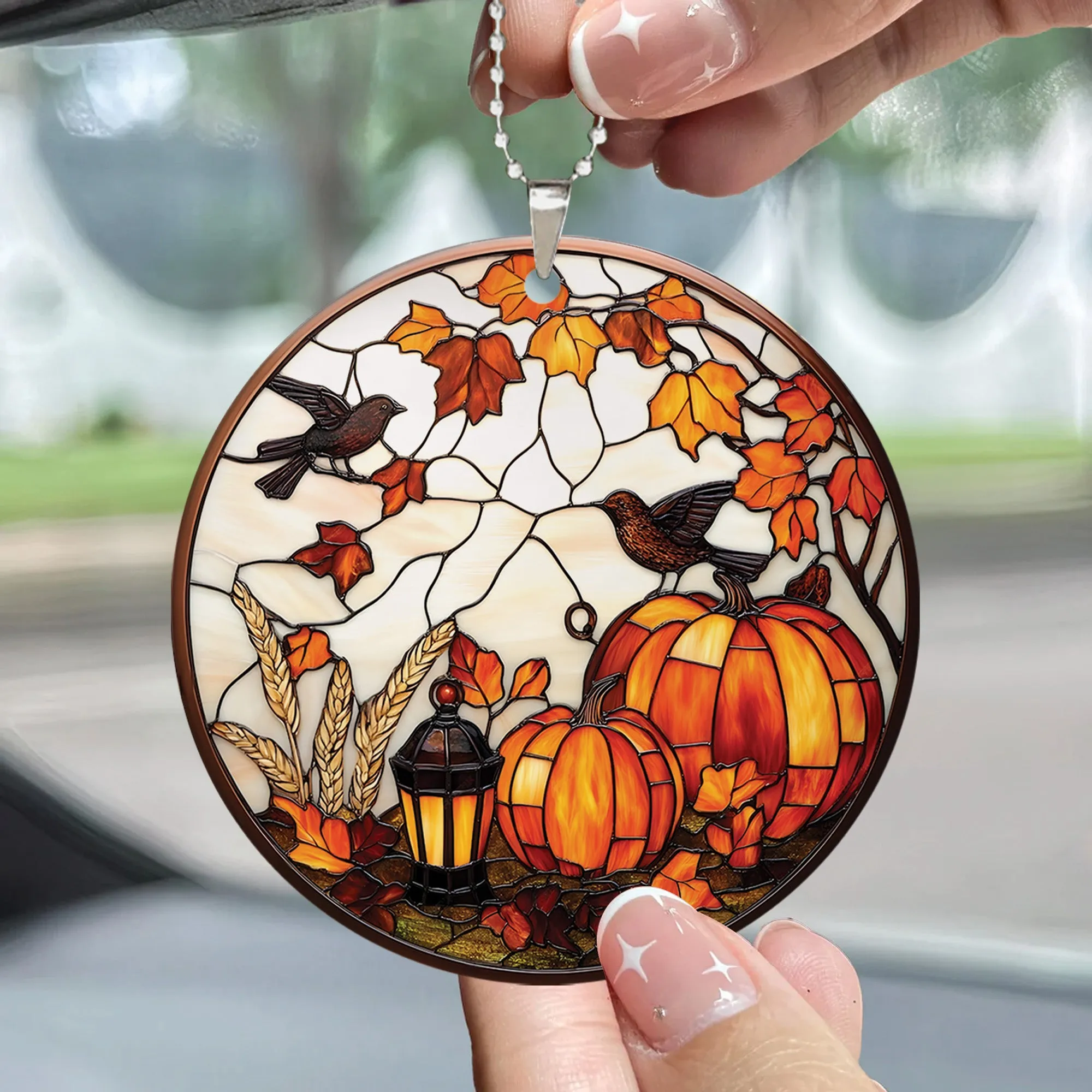 Teesdily | Bird And Pumpkins Halloween Ceramic Ornament, Happy Halloween Acrylic Ornament Window Hanging Ornament, Halloween Gifts, Home Decoration