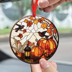 Teesdily | Bird And Pumpkins Halloween Ceramic Ornament, Happy Halloween Acrylic Ornament Window Hanging Ornament, Halloween Gifts, Home Decoration