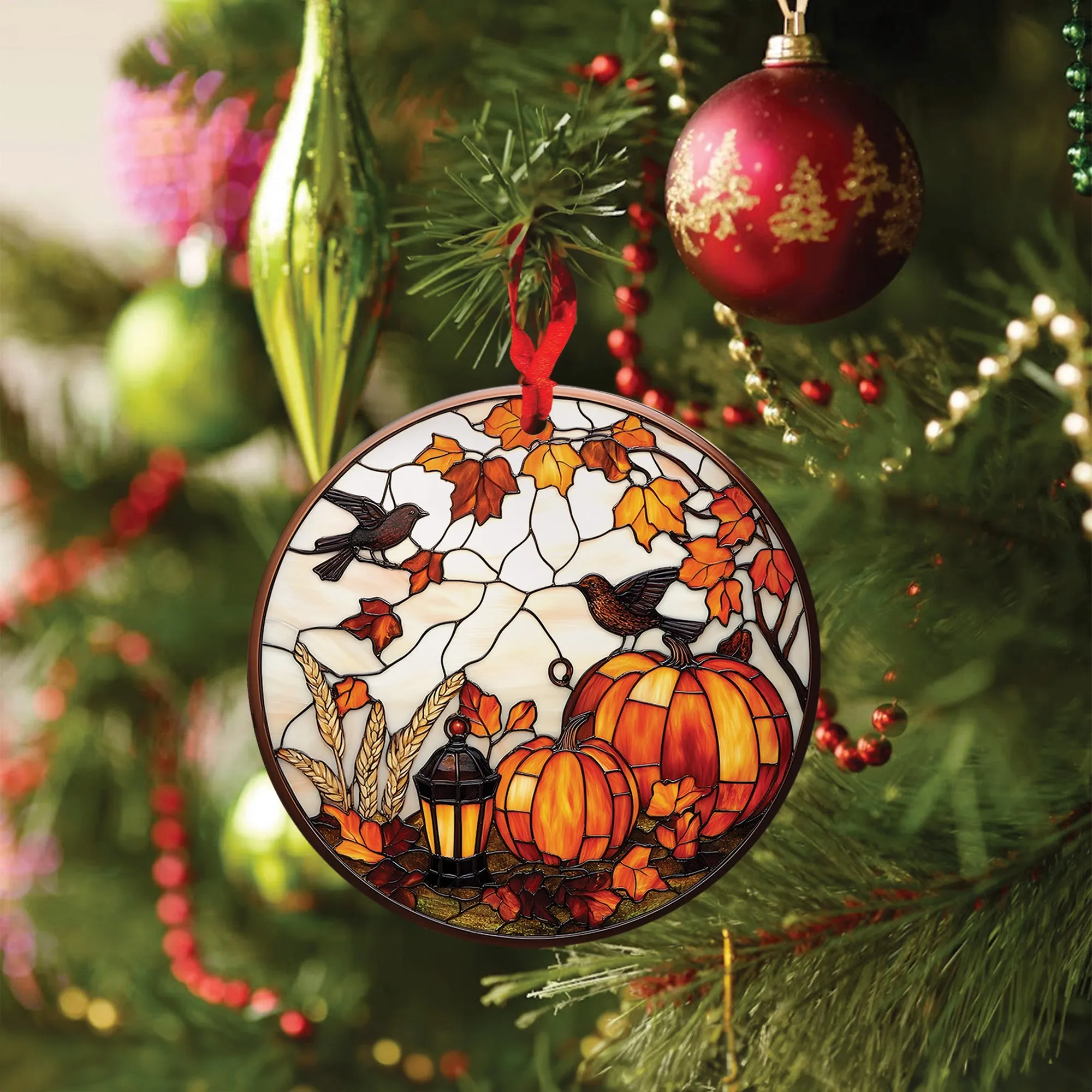Teesdily | Bird And Pumpkins Halloween Ceramic Ornament, Happy Halloween Acrylic Ornament Window Hanging Ornament, Halloween Gifts, Home Decoration