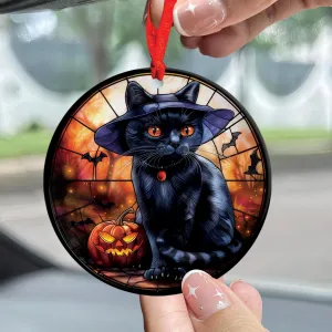 Teesdily | Black Cat Art Ceramic Ornament, Cat Halloween Acrylic Ornament, Halloween Ornament Decoration, Cat Lover Halloween Gift Fun Car Decoration
