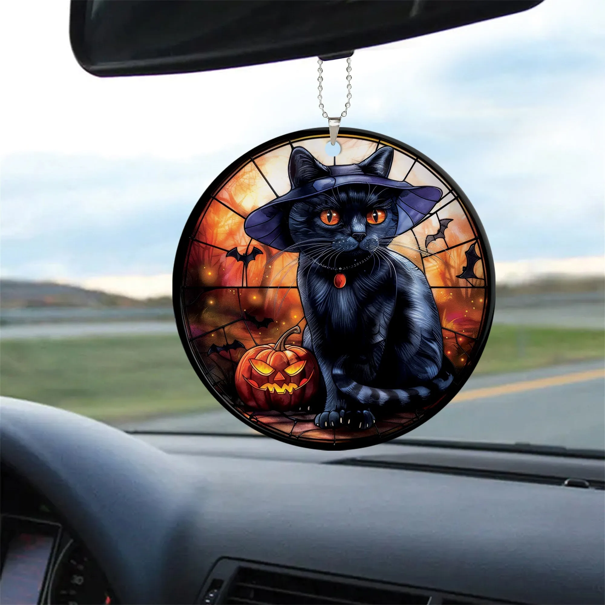 Teesdily | Black Cat Art Ceramic Ornament, Cat Halloween Acrylic Ornament, Halloween Ornament Decoration, Cat Lover Halloween Gift Fun Car Decoration