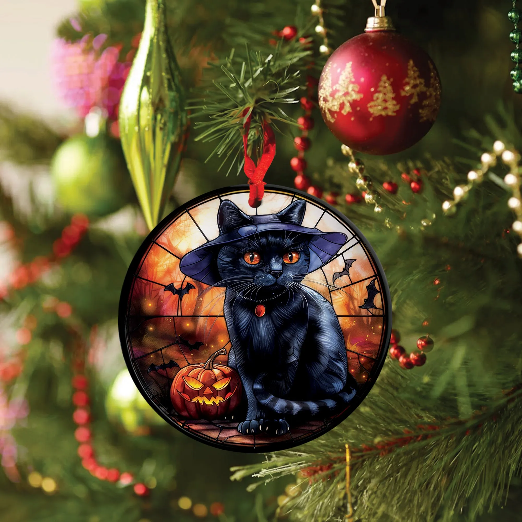 Teesdily | Black Cat Art Ceramic Ornament, Cat Halloween Acrylic Ornament, Halloween Ornament Decoration, Cat Lover Halloween Gift Fun Car Decoration