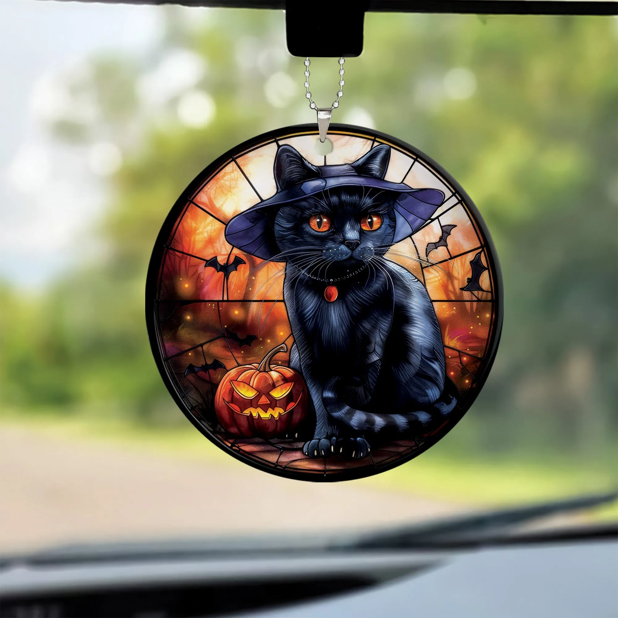Teesdily | Black Cat Art Ceramic Ornament, Cat Halloween Acrylic Ornament, Halloween Ornament Decoration, Cat Lover Halloween Gift Fun Car Decoration