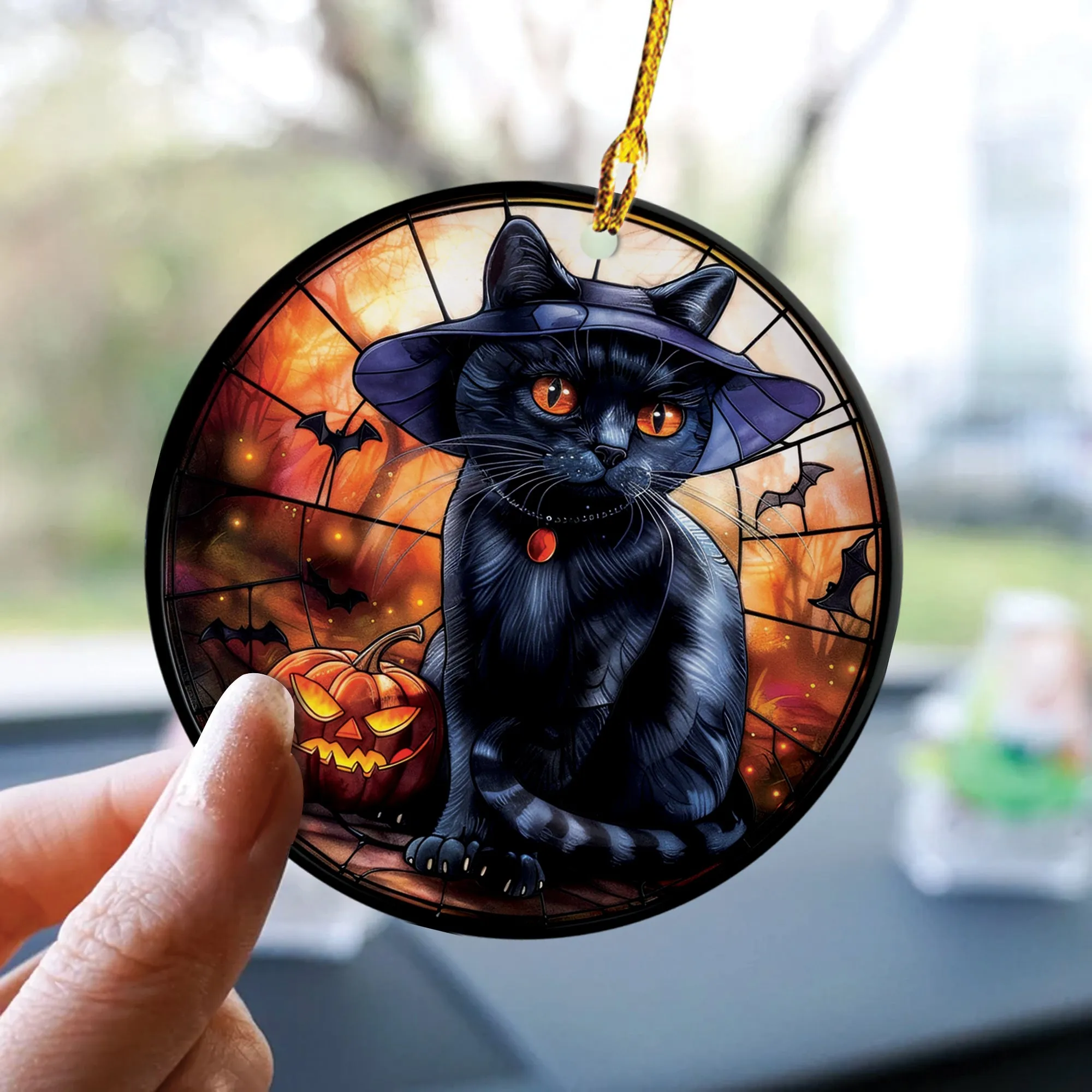 Teesdily | Black Cat Art Ceramic Ornament, Cat Halloween Acrylic Ornament, Halloween Ornament Decoration, Cat Lover Halloween Gift Fun Car Decoration