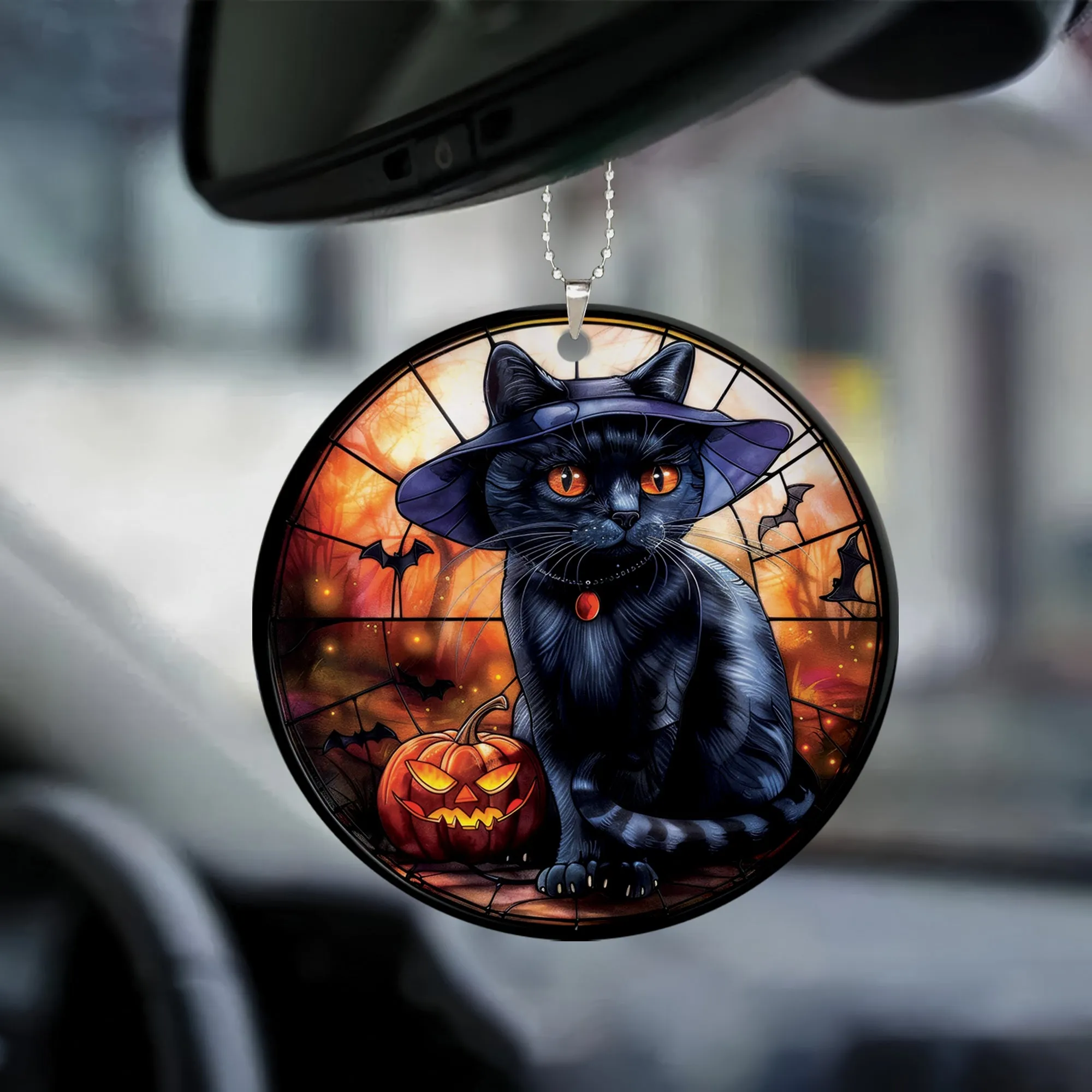 Teesdily | Black Cat Art Ceramic Ornament, Cat Halloween Acrylic Ornament, Halloween Ornament Decoration, Cat Lover Halloween Gift Fun Car Decoration