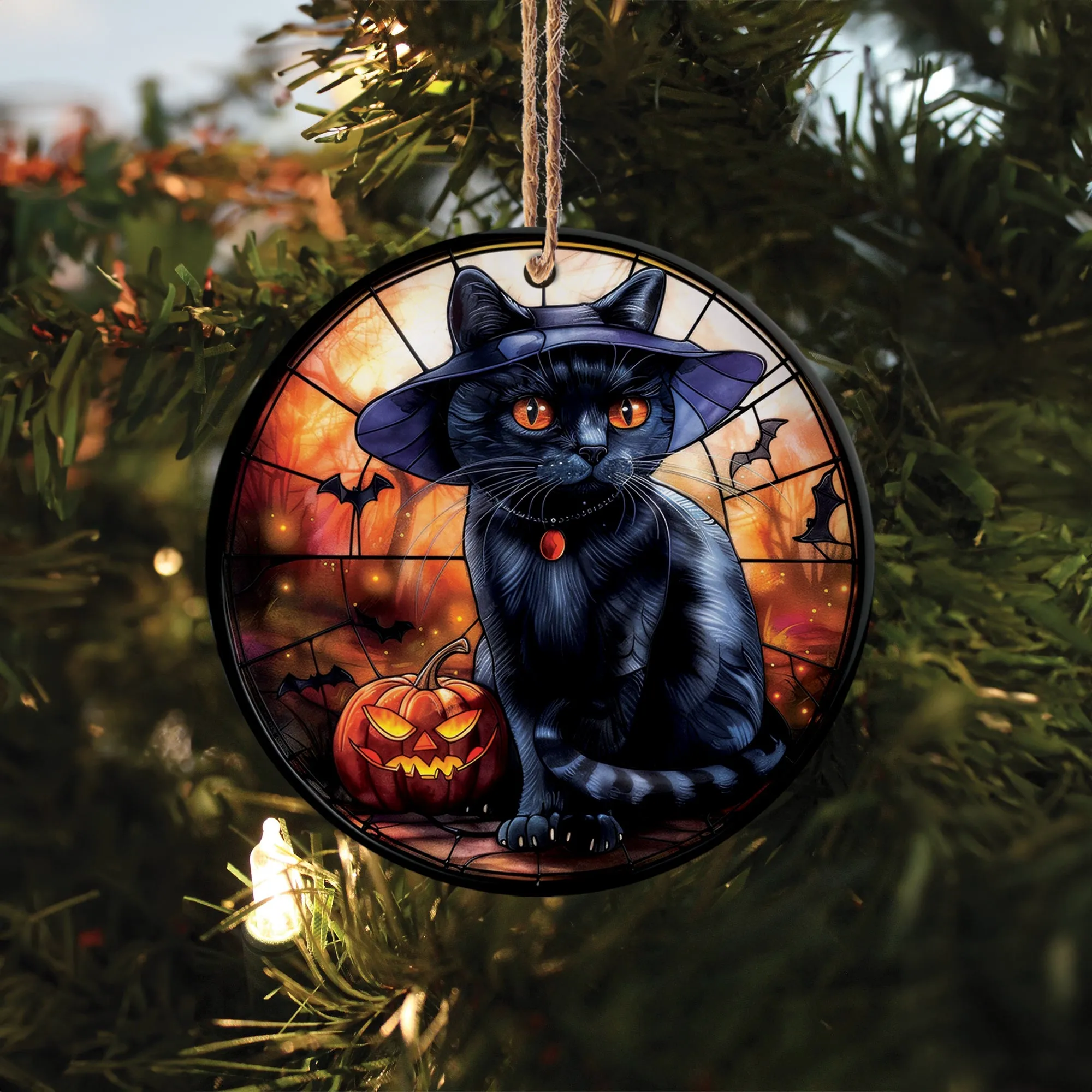 Teesdily | Black Cat Art Ceramic Ornament, Cat Halloween Acrylic Ornament, Halloween Ornament Decoration, Cat Lover Halloween Gift Fun Car Decoration