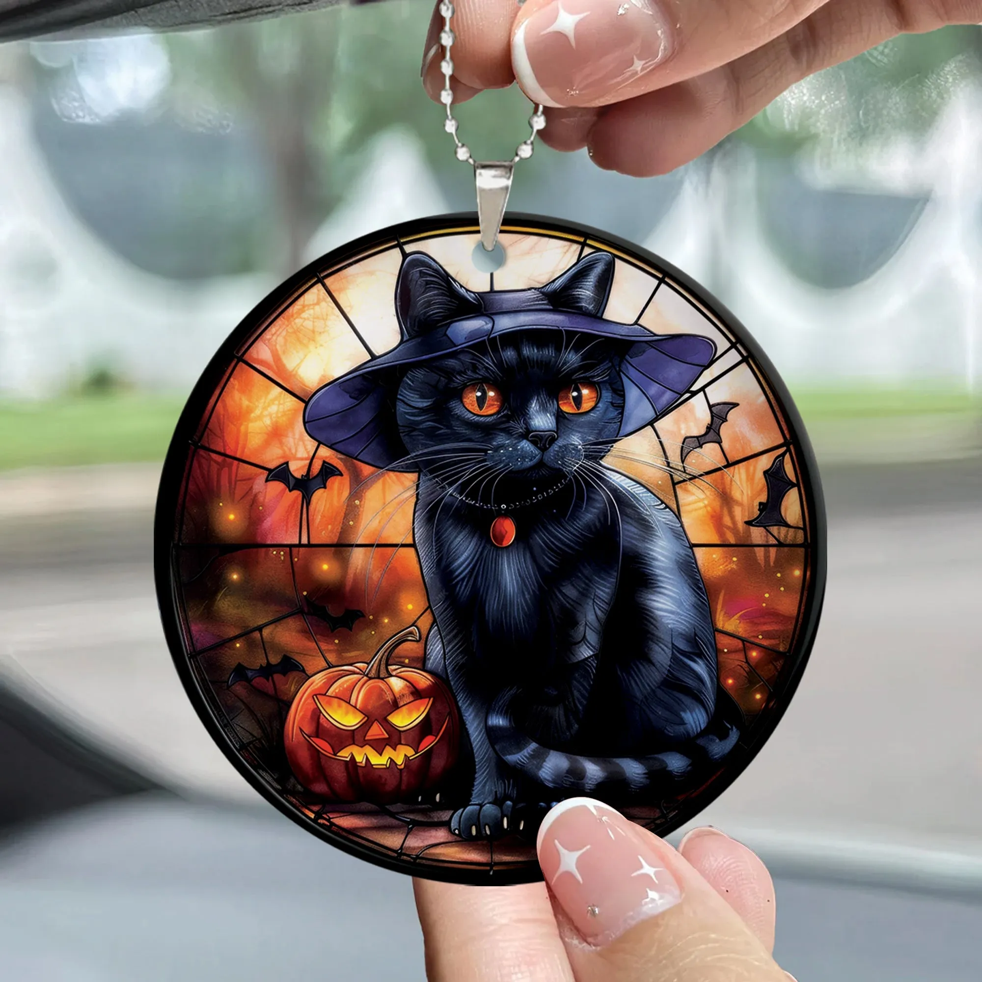 Teesdily | Black Cat Art Ceramic Ornament, Cat Halloween Acrylic Ornament, Halloween Ornament Decoration, Cat Lover Halloween Gift Fun Car Decoration