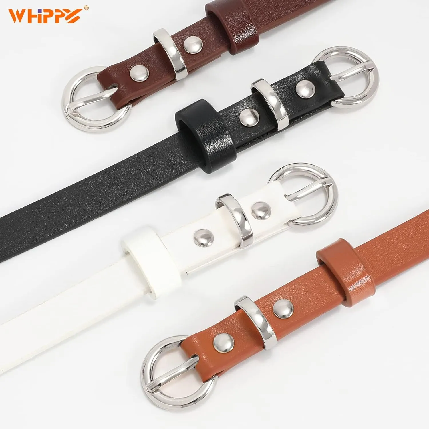 WHIPPY Set of 4Women Skinny Leather Belt Thin Waist Belt with Metal Buckle for Pants Jeans Dresses