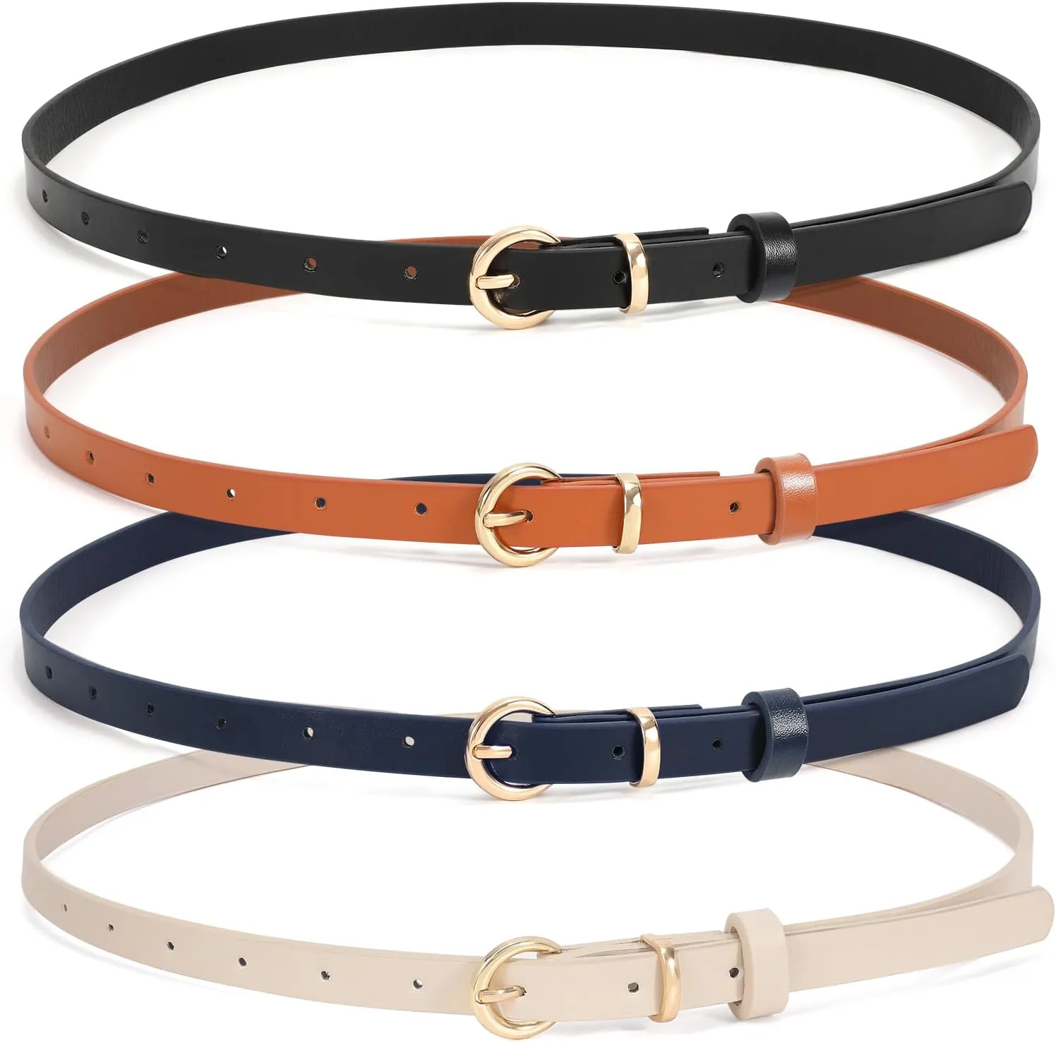 WHIPPY Set of 4Women Skinny Leather Belt Thin Waist Belt with Metal Buckle for Pants Jeans Dresses
