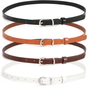 WHIPPY Set of 4Women Skinny Leather Belt Thin Waist Belt with Metal Buckle for Pants Jeans Dresses
