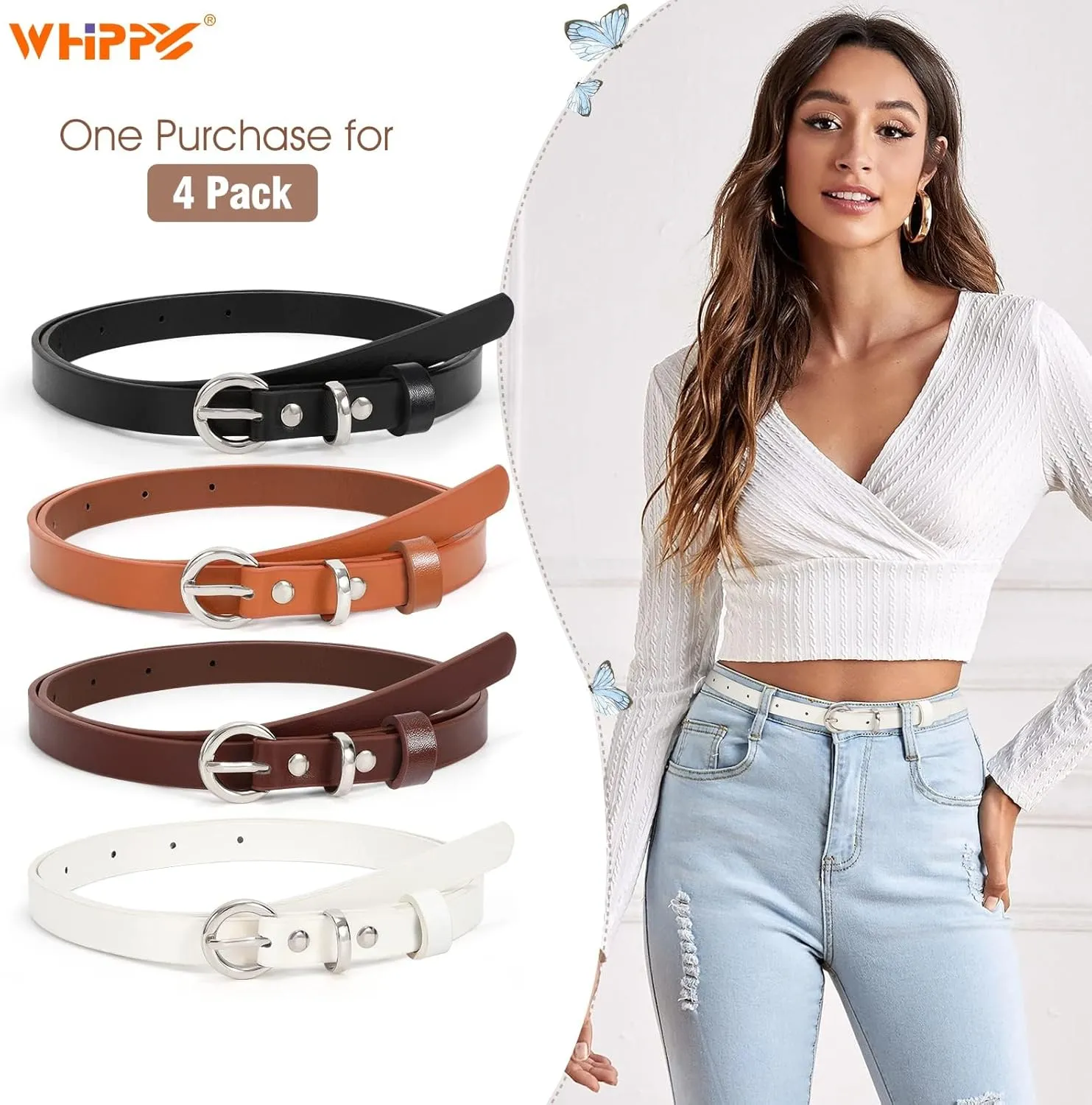 WHIPPY Set of 4Women Skinny Leather Belt Thin Waist Belt with Metal Buckle for Pants Jeans Dresses