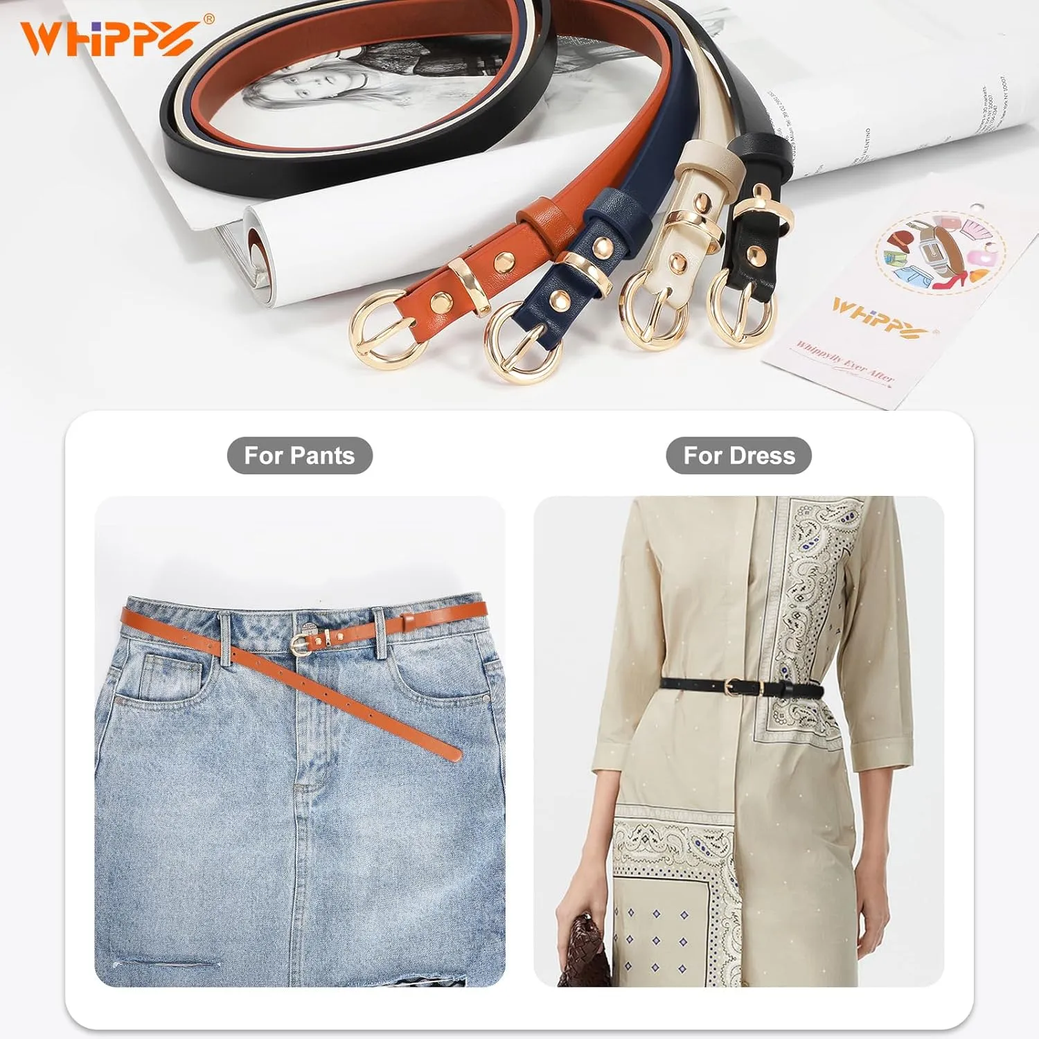 WHIPPY Set of 4Women Skinny Leather Belt Thin Waist Belt with Metal Buckle for Pants Jeans Dresses