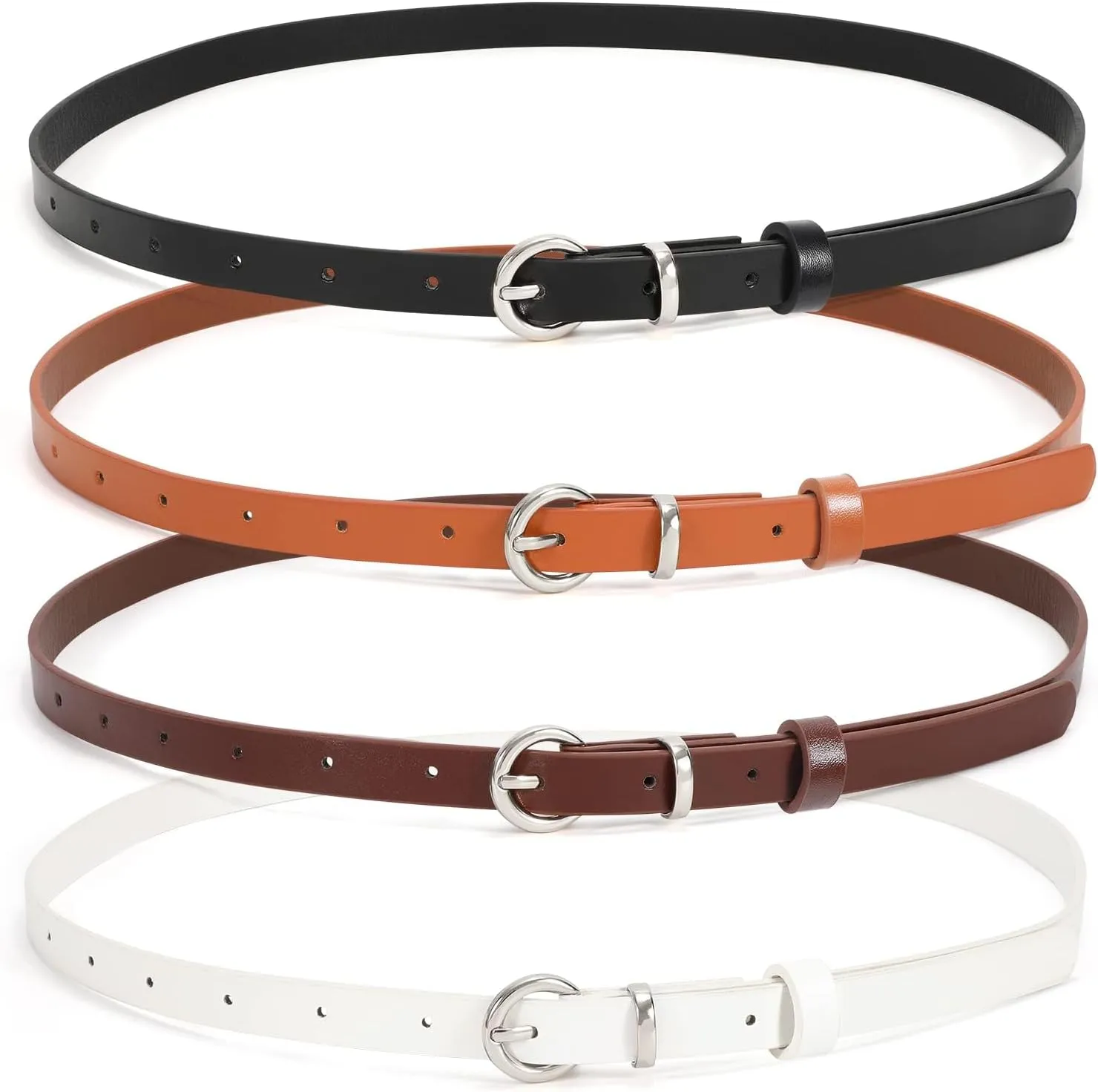 WHIPPY Set of 4Women Skinny Leather Belt Thin Waist Belt with Metal Buckle for Pants Jeans Dresses