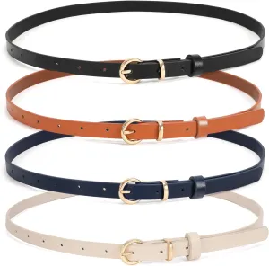 WHIPPY Set of 4Women Skinny Leather Belt Thin Waist Belt with Metal Buckle for Pants Jeans Dresses