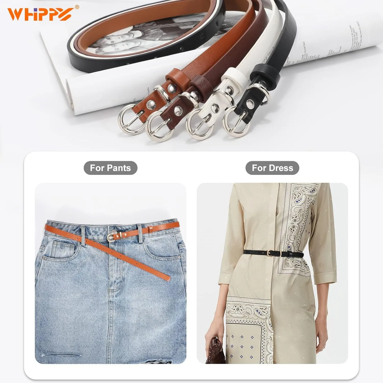 WHIPPY Set of 4Women Skinny Leather Belt Thin Waist Belt with Metal Buckle for Pants Jeans Dresses