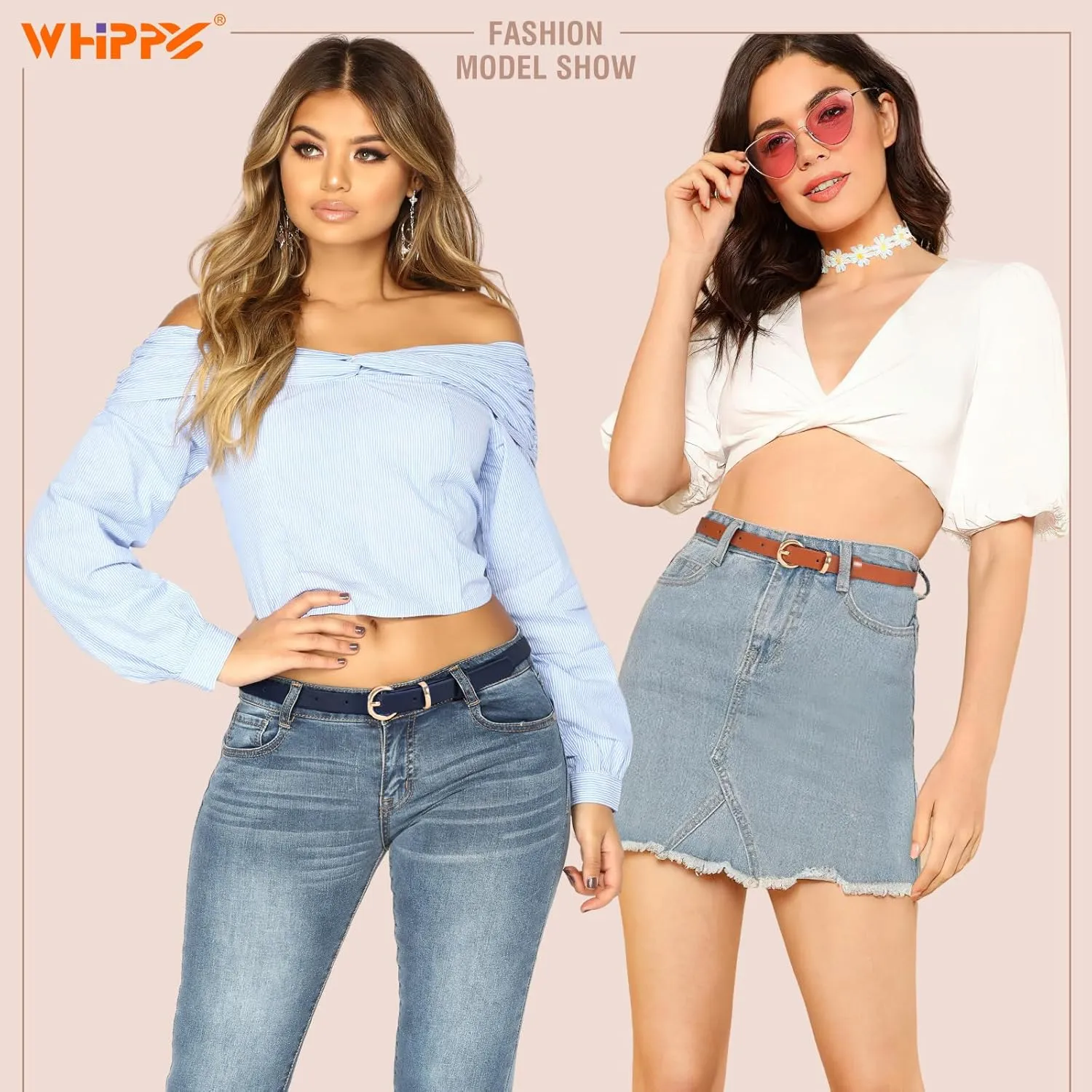 WHIPPY Set of 4Women Skinny Leather Belt Thin Waist Belt with Metal Buckle for Pants Jeans Dresses