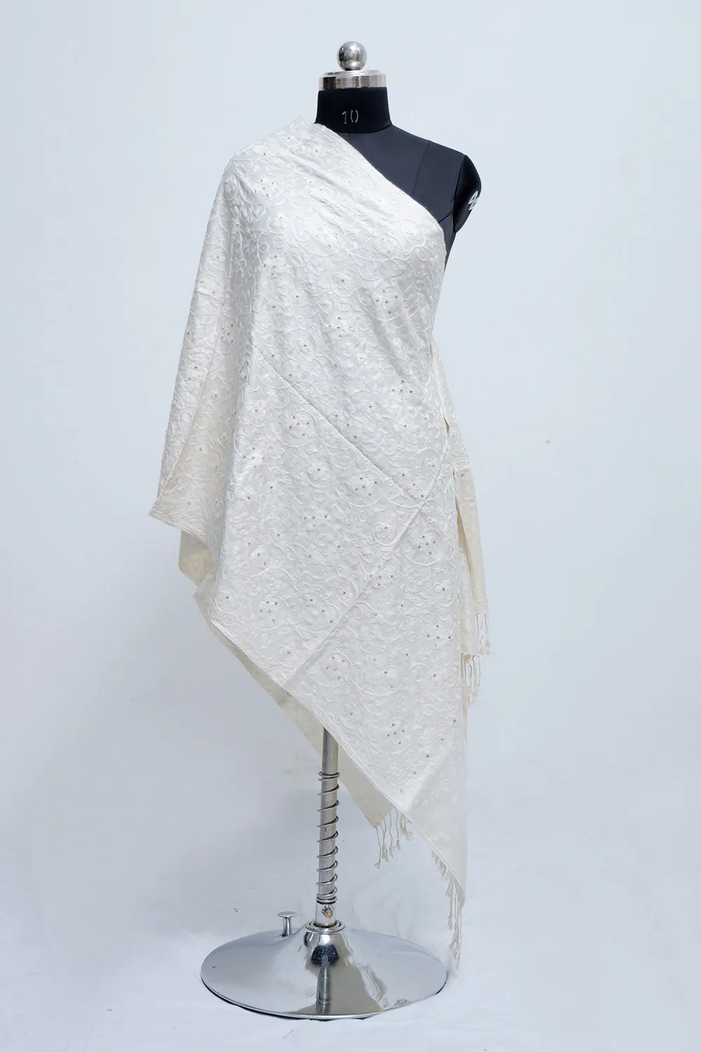 White Colour Aari Work  Embroidered Stole Embellished With Swarovski Work .