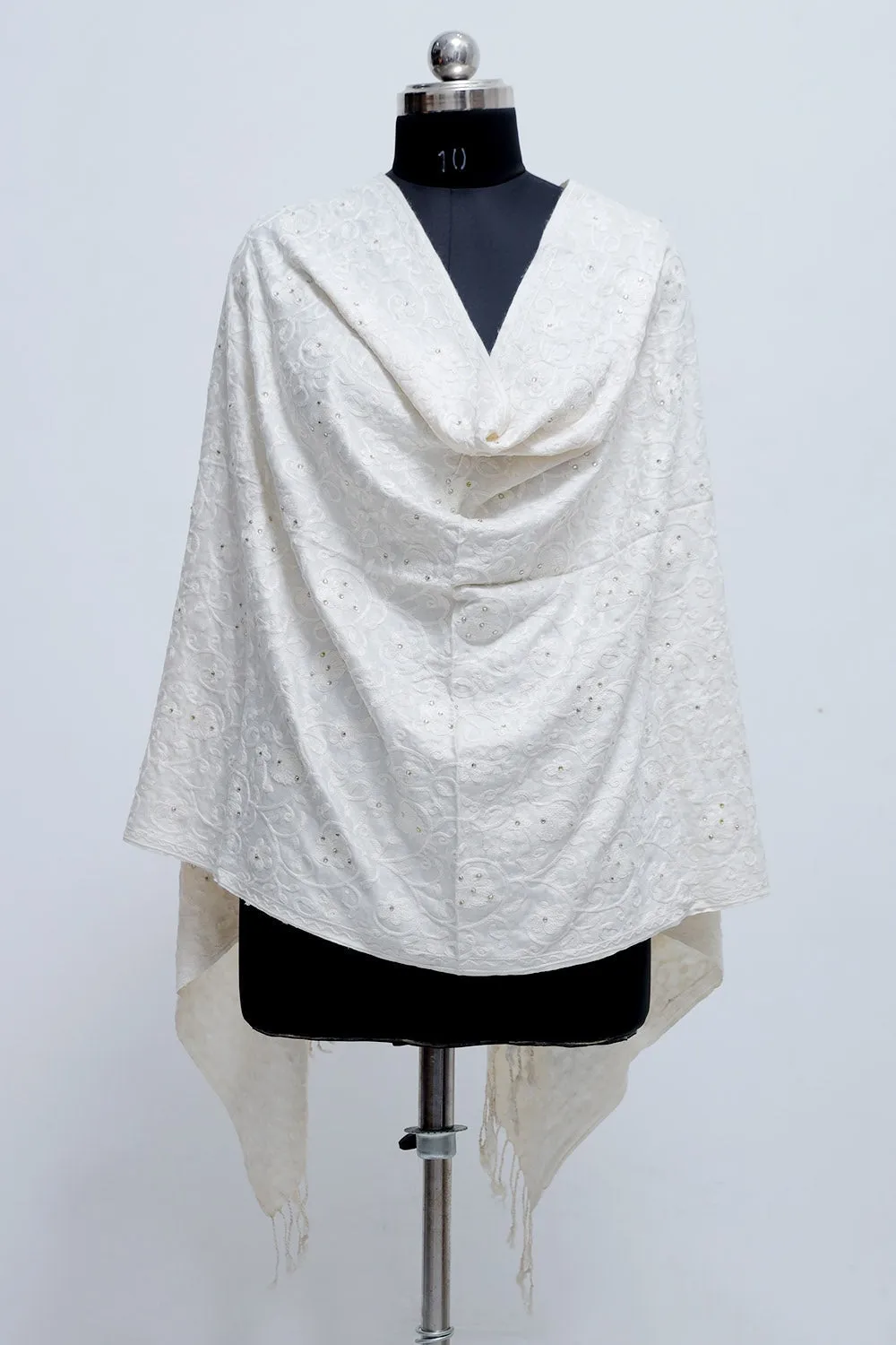 White Colour Aari Work  Embroidered Stole Embellished With Swarovski Work .