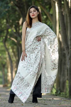 WHITE COLOUR KANI SHAWL WORK DEFINES ROYAL AND LUXURIOUS EXTREMELY COMFORTABLE FOR ALL EVENTS