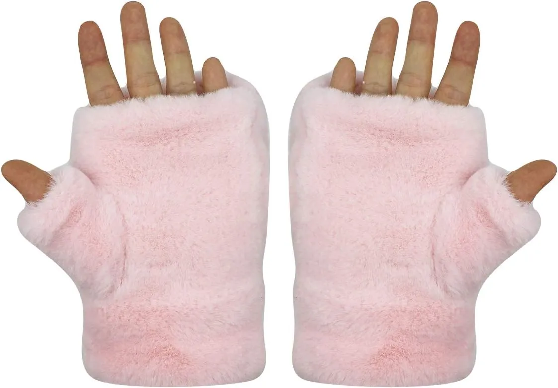 Women Girls Soft Faux Fur Convertible Flip Top Gloves Cute Cat Fingerless Winter Mittens