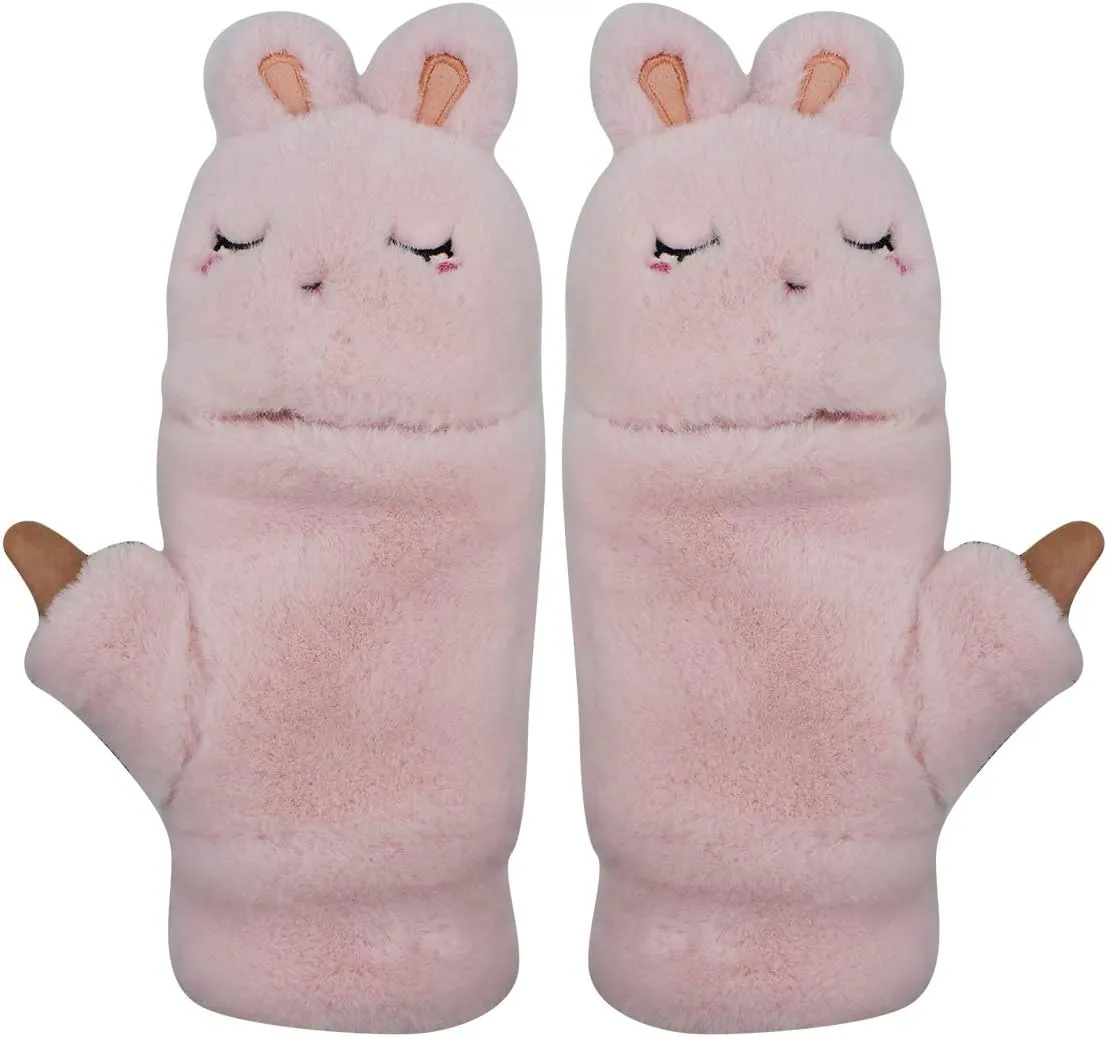 Women Girls Soft Faux Fur Convertible Flip Top Gloves Cute Cat Fingerless Winter Mittens